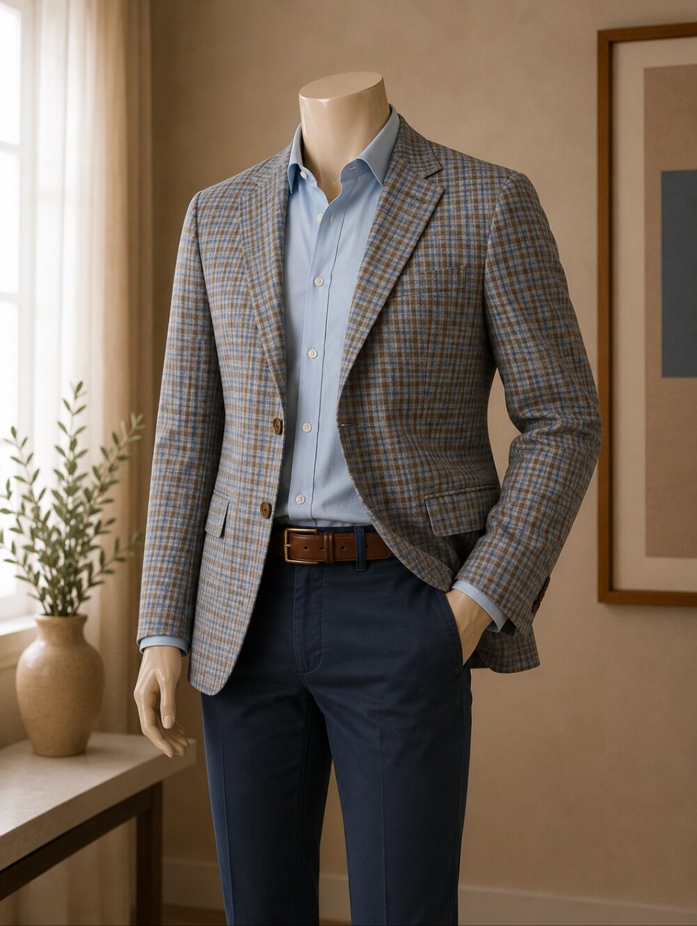 Hart Schaffner Marx New York Fit Soft Sport Coat 40R Blue Brown Plaid Wool Blaze